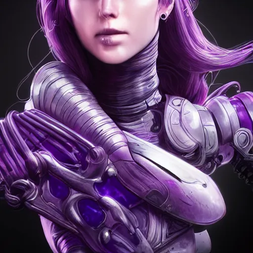 Image similar to close up portrait of a woman in smooth purple sci - fi armor, long black ponytail, elegant, intense, woman, an ultrafine hyperdetailed illustration by kim jung gi, irakli nadar, intricate linework, sharp focus, bright colors, octopath traveler, final fantasy, unreal engine 5, global illumination, radiant light