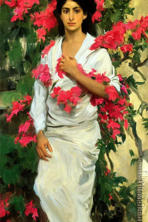 Image similar to portrait of persian girl with arabesque scarf near bougainvillea and palms, painting by john singer sargent