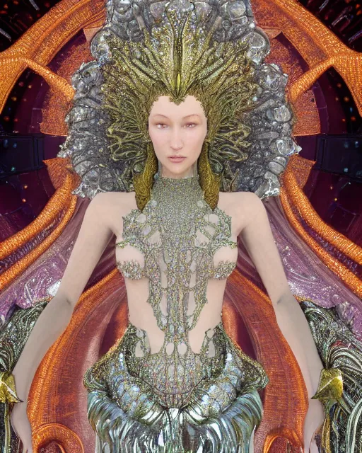 Image similar to a highly detailed metahuman 4 k close up render of an alien goddess bella hadid as god in iris van herpen dress schiaparelli in diamonds crystals swarovski and jewelry in style of alphonse mucha gustav klimt trending on artstation made in unreal engine 4