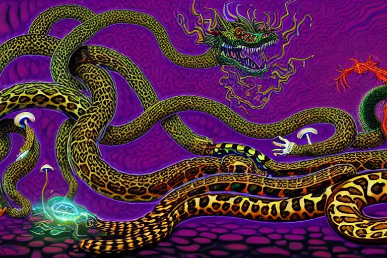 Image similar to a detailed digital art painting of a cyberpunk magick oni dragon with occult futuristic effigy of a beautiful field of mushrooms that is a adorable leopard atomic latent snakes in between ferret biomorphic molecular hallucinations in the style of escher, alex grey, stephen gammell inspired by realism, symbolism, magical realism and dark fantasy, crisp,