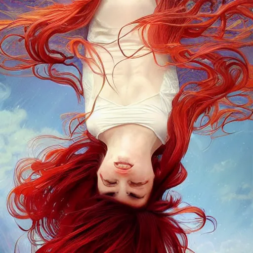Image similar to a red haired goddess hanging upside down, long hair billowing down, intricate, elegant, highly detailed, digital painting, artstation, concept art, matte, sharp focus, illustration, in the style of magic the gathering, art by artgerm and greg rutkowski and alphonse mucha