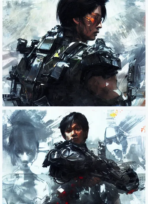 Image similar to BongBong Marcos wearing metal gear armor holding a shotgun dramatic lighting art by Yoji Shinkawa by Richard Schmid by greg rutkowski by Sandra Chevrier by Jeremy Lipking cinematic dramatic