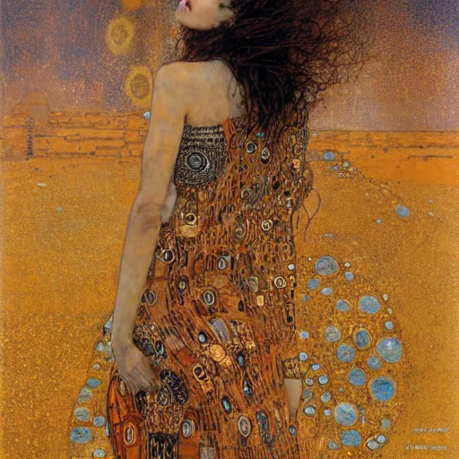 Image similar to goddess in desert, intricate detail, klimt, royo, whealan,