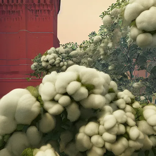 Image similar to a big cotton plant in Red Square Kremlin, horrifying dynamic lighting, cinematic, extremely high detail, photo realistic, cinematic lighting, post processed, concept art, artstation, matte painting, unreal engine 8k