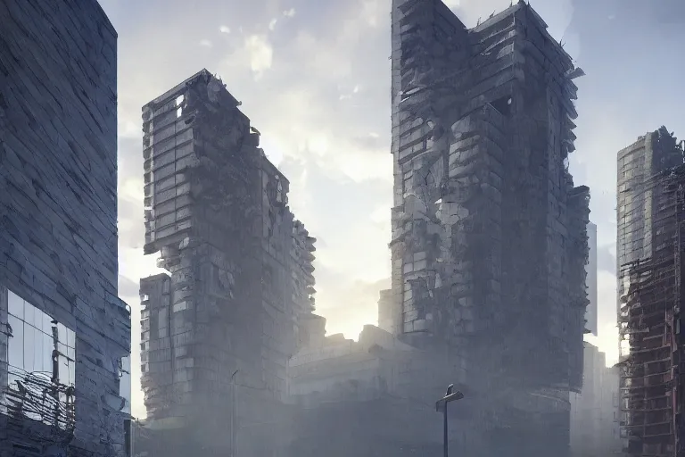 Image similar to streetscape, a towering cathedral of brutalist architecture, buildings covered with greebles, stunning volumetric light, sunset, metal, concrete and translucent material, stunning skies, majestic landscape, trending on Artstation, 8k, photorealistic, hyper detailed, unreal engine 5, IMAX quality, cinematic, epic lighting, in the style of Greg Rutkowski