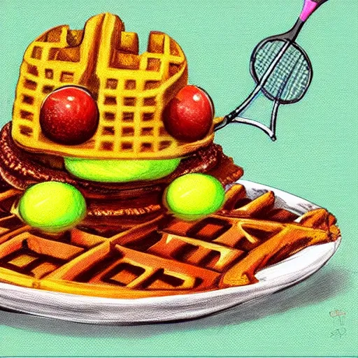 Image similar to a tennis ball monsters eating waffles, colorful, digital art, fantasy, magic, chalk, trending on artstation, ultra detailed, professional illustration by basil gogos