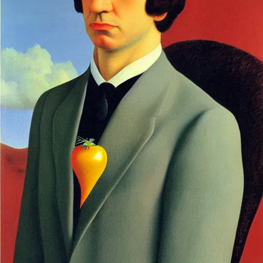 Prompt: Self-Portrait with Thorn Necklace and Hummingbird by Rene Magritte