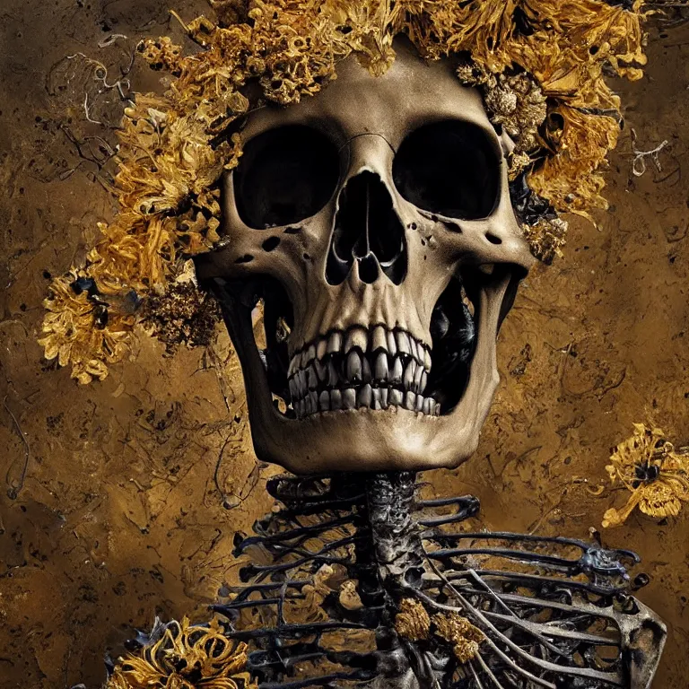 Image similar to A beautiful oil painting hyperrealism of a decayed black skeleton head, rotting black clay skin, bones, close up, gold flowers, gold floral headdress, 8k resolution, octane render, Trending on artstation, by Gediminas Pranckevicius, volumetric light 2blue fractal Thunder glow by dan mumford, anaglyph effect, Laurie Lipton