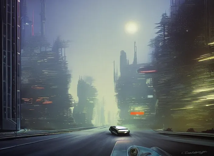 Image similar to a car driving down a street next to tall Forest-1 the night, cyberpunk art by Chesley Bonestell, cgsociety, retrofuturism, matte painting, reimagined by industrial light and magic