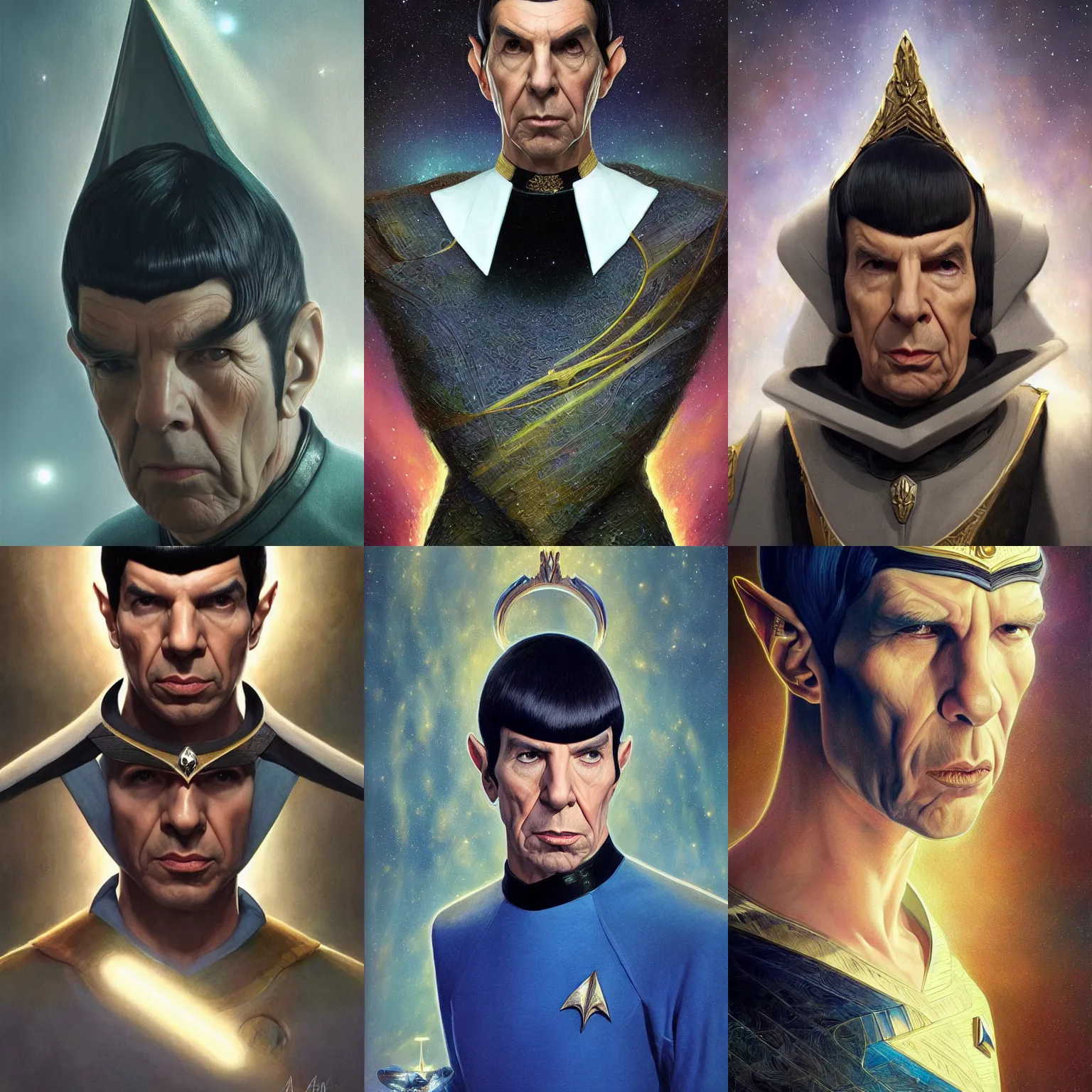Prompt: photorealistic portrait photo of spock as a glorious regal space king, sleek outfit, upper body, pointed years, fantasy, handsome, young leonard nimoy, depth of field, intricate details, realistic, national geographic cover, soft glow, textured, artstation, concept art, sharp focus, illustration, art by artgerm, greg rutkowski, alphonse mucha