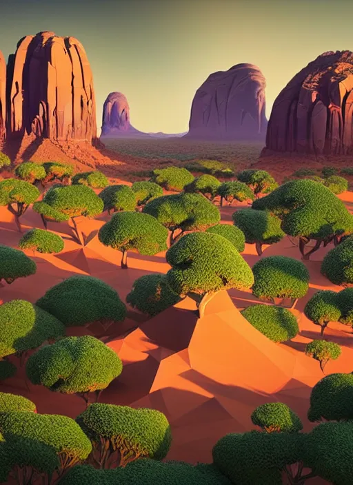 Image similar to a low poly isometric render of socotra island with dragon trees in the style of monument valley, intricate, elegant, smooth shading, soft lighting, illustration, simple, solid shapes, by magali villeneuve, jeremy lipkin and michael garmash, rob rey and kentaro miura style, octane render