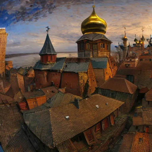 Image similar to photo ancient Slavic Russian city of Kitezh, fisheye lens, painting by Viktor Vasnetsov, concept art, magical city, fantasy cityscape, ancient Slavs, wooden buildings, ancient Russian architecture, terem, hyperborea, top cinematic lighting , cinematic mood, very detailed, 8k, high resolution, trending on artstation, artstationHD,