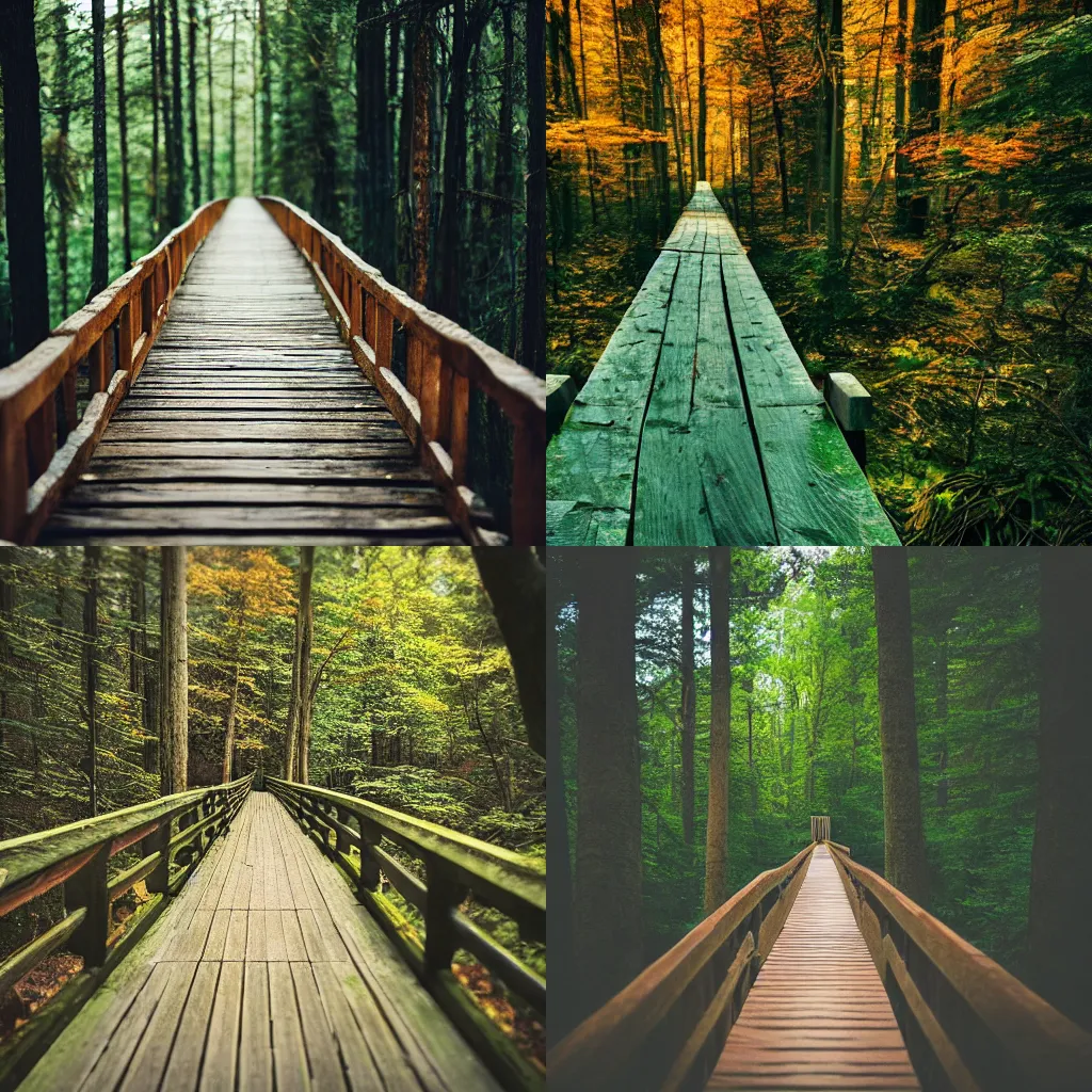 Prompt: a wooden bridge in the middle of a forest, a tilt shift photo by johannes mytens, unsplash contest winner, naturalism, photo taken with ektachrome, creative commons attribution, depth of field