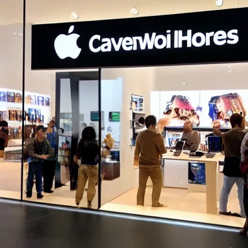 Image similar to photo of cavemen at an iphone store, award - winning photograph