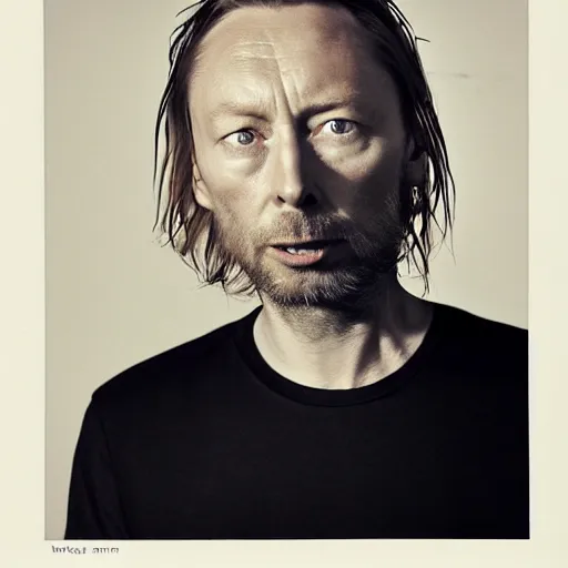 Image similar to Thom Yorke, with a beard and a black shirt, a computer rendering by Martin Schoeller, cgsociety, de stijl, tintype photograph, studio portrait, calotype