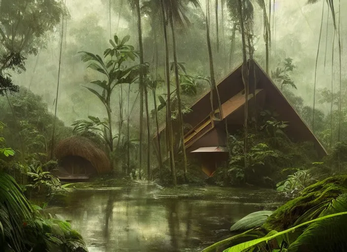 Image similar to a beautiful painting the insides of a geodesic house in a moist tropical rainforest, by greg rutkowski, realism, artstation, nature