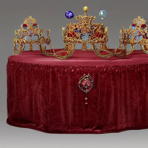 Prompt: a large ornate crown with sapphires and engraved runes, placed upon a crimson altar, d & d, photo