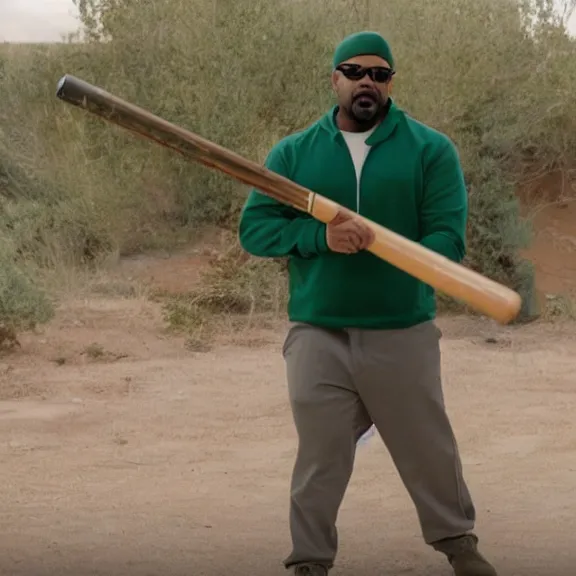 Image similar to Still of Big Smoke with green clothing wielding a baseball bat in Better Call Saul