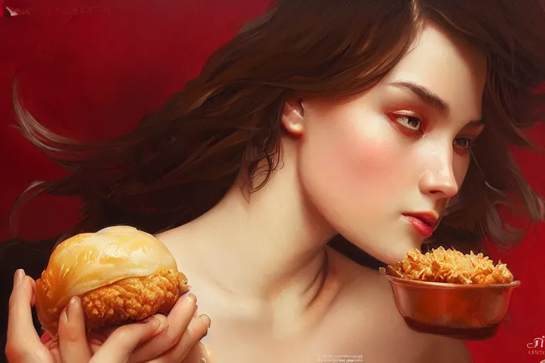 Image similar to kfc chicken, portrait, elegant, intricate, digital painting, artstation, concept art, smooth, sharp focus, illustration, art by artgerm and greg rutkowski and alphonse mucha