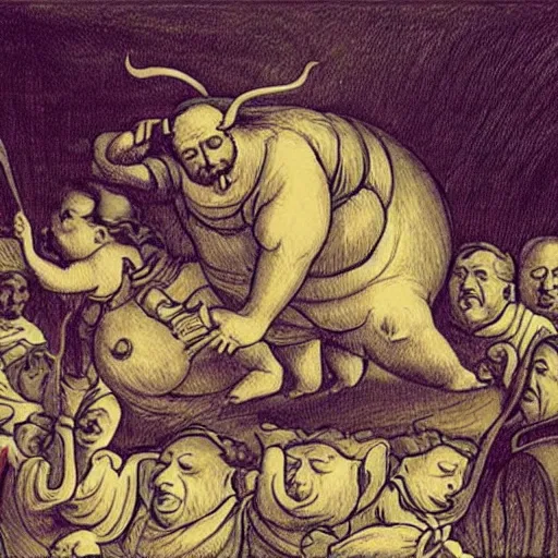 Image similar to fat politicians with big bellies are draining souls of innocent peoples in baroque style , politicians as devil