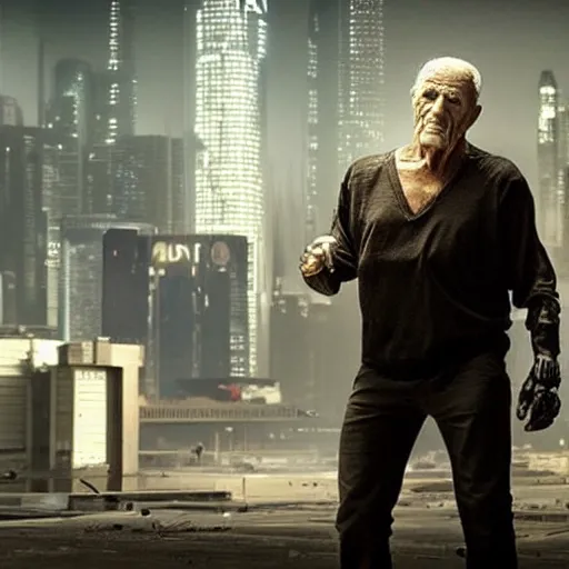 Image similar to cyberpunk buff old man fighting Deadcode humanoid robot Emmanuel Lubezki