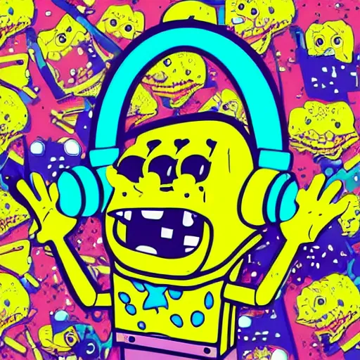 Image similar to artgerm, psychedelic laughing cybertronic spongebob, rocking out, headphones dj rave, digital artwork, r. crumb, svg vector