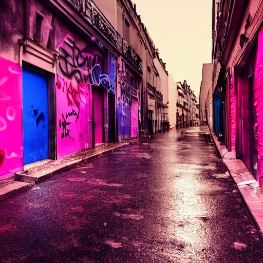 Image similar to photo realistic lively alley in paris at night after rain storm with warm glowing lamps and graffiti on walls with a woman in a pink bikini walking her large purple dog noir goddess, character design, dark fantasy, photo realistic, unreal engine, terrifying ambience, smooth lighting, cinematic lighting, masterpiece, ultra detailed, hyper realistic, octane render, 8 k, photo - realistic