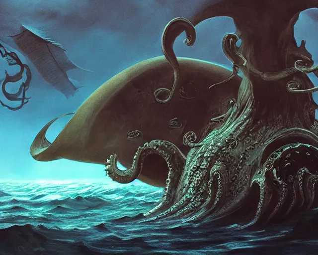 Prompt: concept art trending on art station detailed matte painting of the nautilus submarine being attacked by a kraken with cthulhu like wings, tentacles, dramatic, 8k, digital art