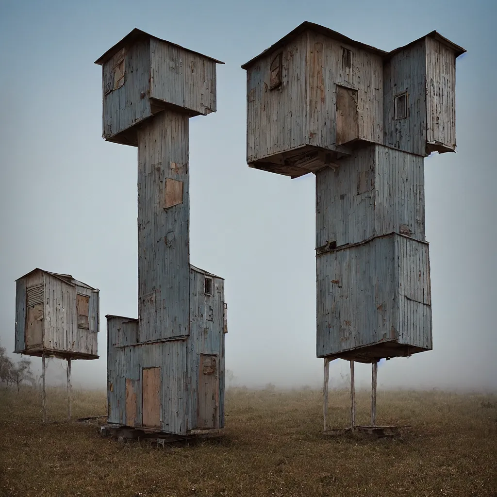 Image similar to two high towers, made up of makeshift squatter shacks with faded colours, plain uniform sky at the back, uneven fog, mamiya, fully frontal view, ultra sharp, very detailed, photographed by julie blackmon