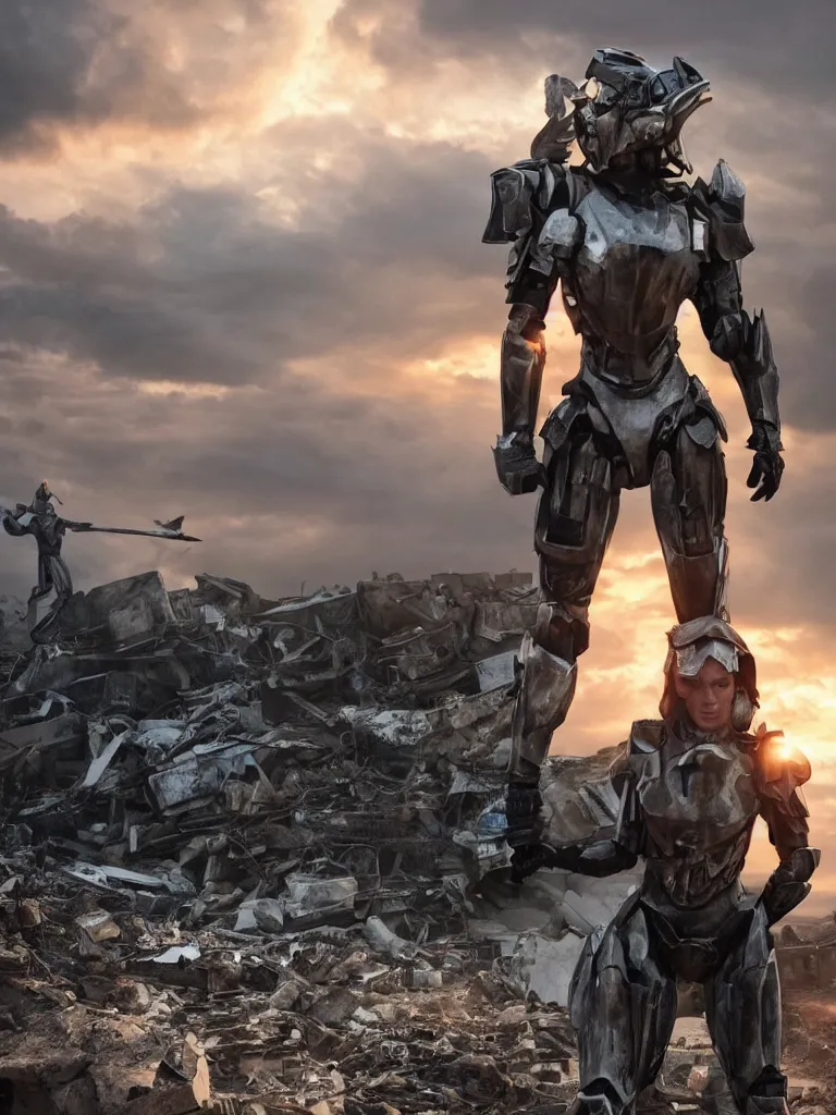 Image similar to emily blunt in futuristic power armor, alone, standing atop a pile of rubble, sword on shoulder, sunset and big clouds backdrop