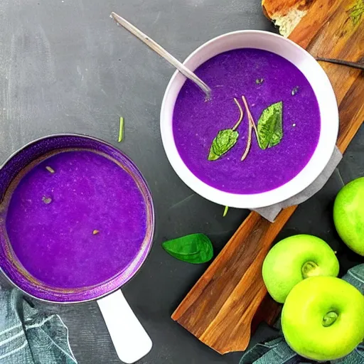 Prompt: a purple and green soup.