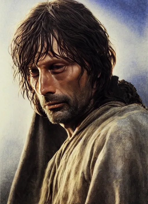 Image similar to Mads Mikkelsen as Aragorn by Alan Lee, golden hour, concept art, detailed clothing, art station, oil painting