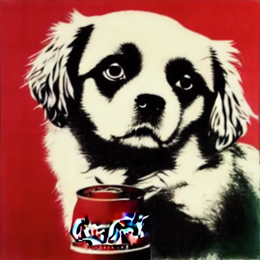 Prompt: coca cola dog tibetan spaniel, art by andy warhol