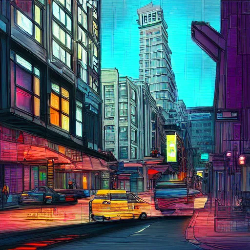 Image similar to stark street in portland oregon, cyberpunk, digital painting