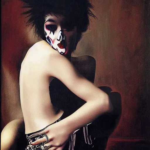 Image similar to Punk girl by Mario Testino, oil painting by Caravaggio, masterpiece