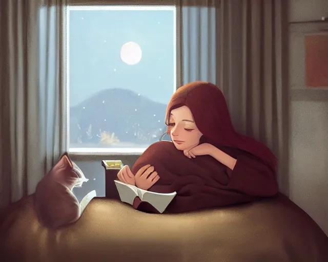 Image similar to a realistic beautiful warm matte painting of a woman curled up with a blanket reading a good book next to her friendly cat who is purring with eyes closed. they are both sitting next to a window as the sun sets in winter, by ilya kuvshinov, crisp, detailed, trending on artstation