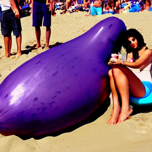 Image similar to anthropomorphic huge eggplant sunbathing on the beach among people, photo,