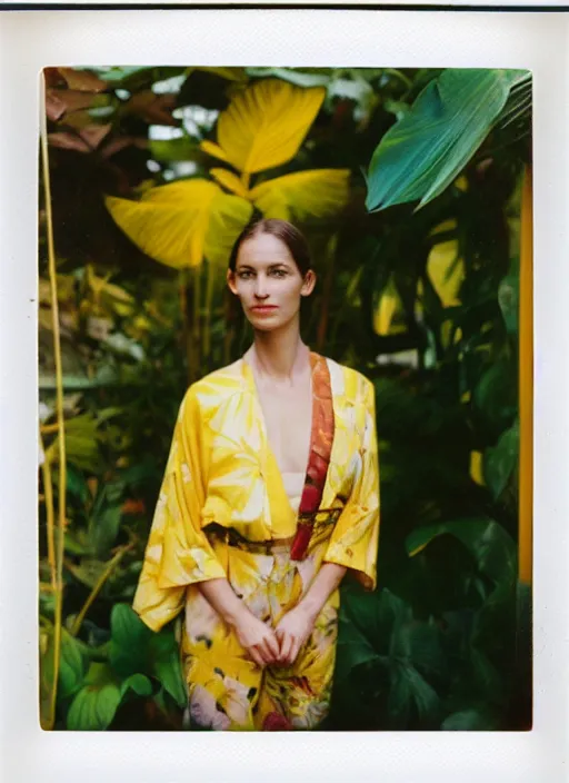 Prompt: grainy head to shoulder portrait Polaroid film photograph of an elegant top model wearing a yellow kimono in a tropical greenhouse. looking at the camera!!. super resolution. Extremely detailed. Polaroid 600 film. art by Rineke Dijkstraand Annie Leibovitz.