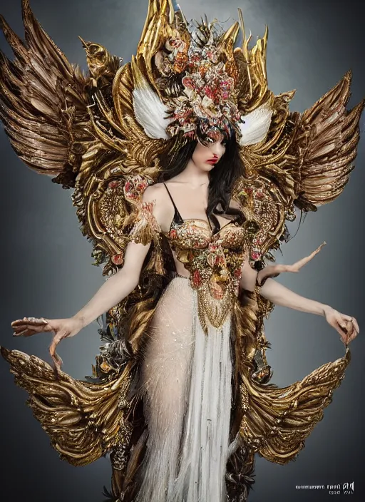 Image similar to expressive full body photo of an angel, ornate headpiece made from flowers, ornaments, glamour shot, by karol bak, by stefan gesell, photorealistic, canon r 3, fashion photography, hyper maximalist, elegant, ornate, luxury, elite, environmental portrait, symmetrical features, octane render, unreal engine, solid dark grey background, dramatic lights