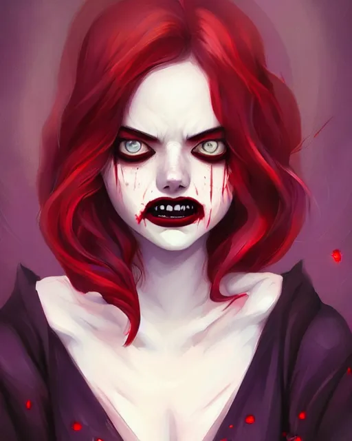 Image similar to a portrait of a beautiful full body Emma Stone vampire sharp teeth open mouth, covered in blood, art by lois van baarle and loish and ross tran and rossdraws and sam yang and samdoesarts and artgerm, digital art, highly detailed, intricate, sharp focus, Trending on Artstation HQ, deviantart, unreal engine 5, 4K UHD image