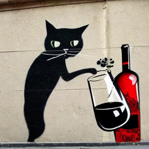 Prompt: Street art of an alcoholic cat who drink wine, by banksy