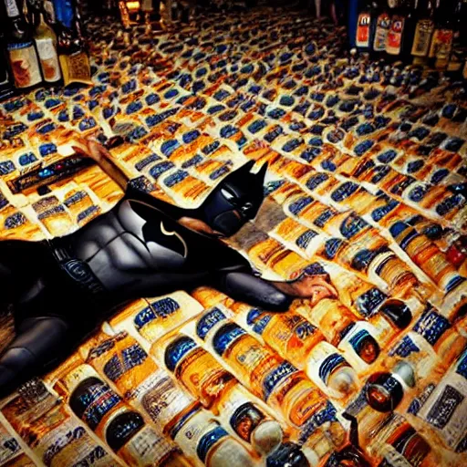 Image similar to batman lying on the floor in a pub surrounded by beer bottles, 8 k photography, golden hour