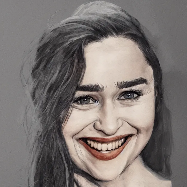 Prompt: an amaze - art painting of emilia clarke using single line, realism, smiling face