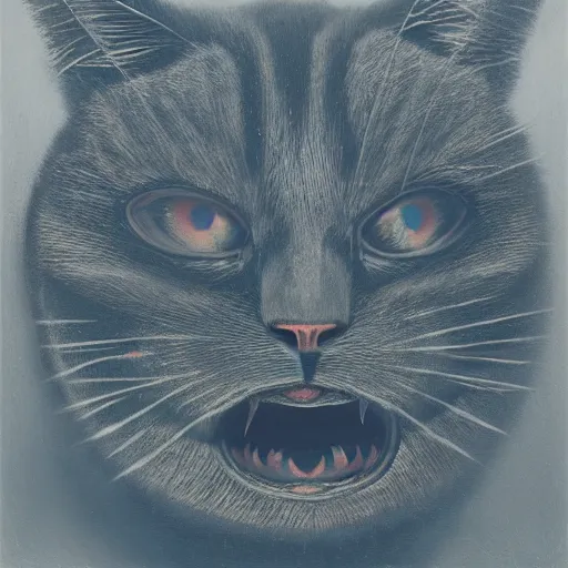 Image similar to grinning evil cat, HD, award winning, in style of beksinski, film grain, medium format, 8k resolution, oil on canvas