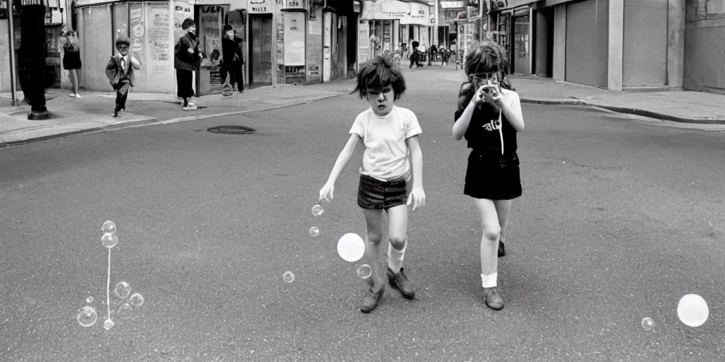 Image similar to street, 2 tomboys blow gum bubbles, 1 9 8 0 s film photography, exposed b & w photography, christopher morris photography, bruce davidson photography, peter marlow photography