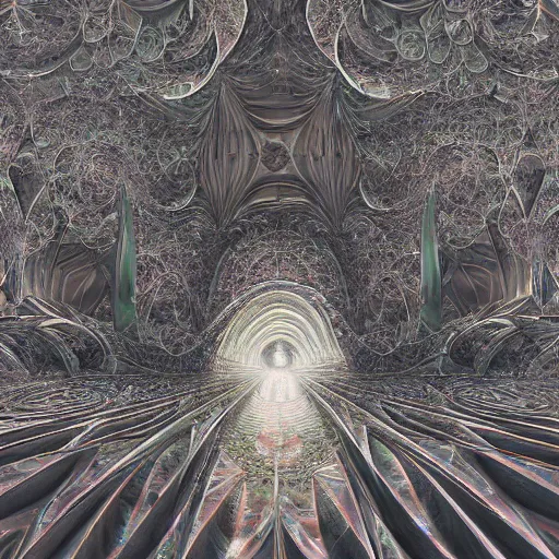 Prompt: a hyperrealistic 3 d painting of a huge sprawling fractal cathedral interior populated by mandelbrot fractals by android jones, unreal engine, carved stone, carved soap, white color scheme, volumetric lighting, octane render, dramatic lighting, glowing, carved marble, opalescent, sacred geometry, religious, angelic, catholicpunk, stark, 8 k, ultra detailed