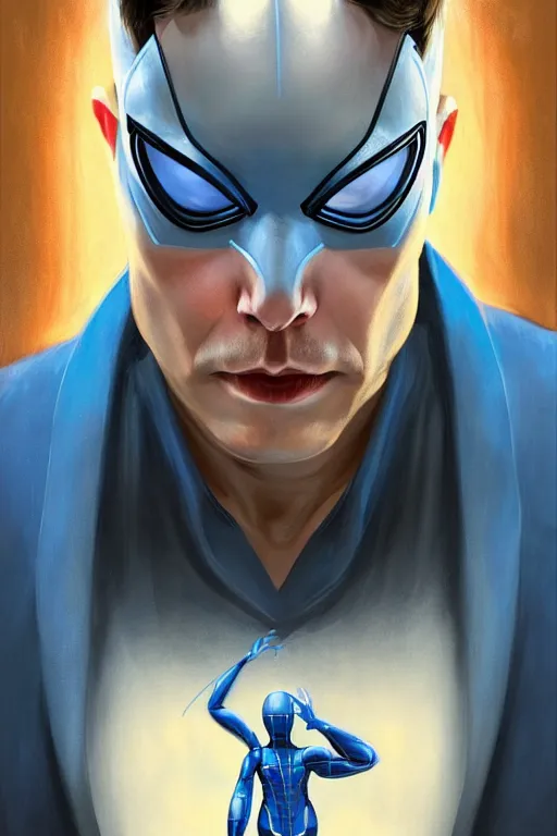 Image similar to elon musk as a blue suit spider man, realistic portrait, symmetrical, highly detailed, digital painting, artstation, concept art, smooth, sharp focus, illustration, cinematic lighting, art by artgerm and greg rutkowski and alphonse mucha