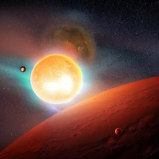 Image similar to planet mars colliding with planet earth creating a huge crater spitting out debris to space and several small asteroids start flying around in space, stars in the background, moon is visible, sun is not visible