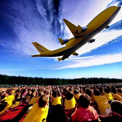 Image similar to a yellow 7 4 7 school bus flying, imax, dramatic sky