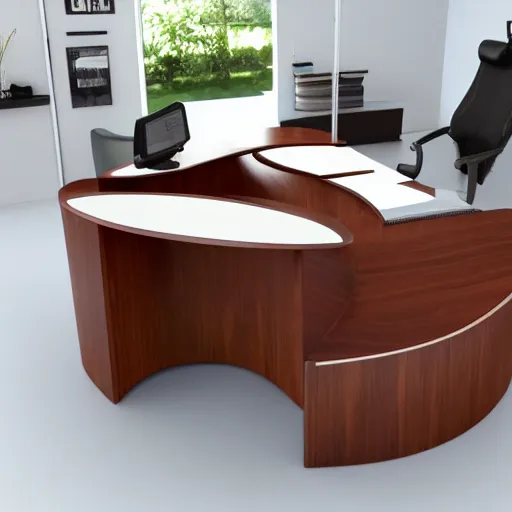 Image similar to a curved wooden desk design, realistic,